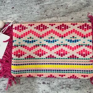 Embroidered Pink Aztec-Pattern Zip Clutch